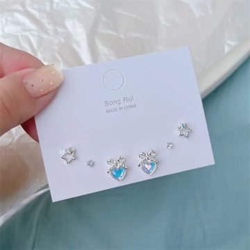 DAIIIBABYYY  -  Y2K Blue Colorful Bow-knot Heart Shape Rhinestone Stud Earrings Set Women Korean Fashion Cute Earring Jewelry brincos